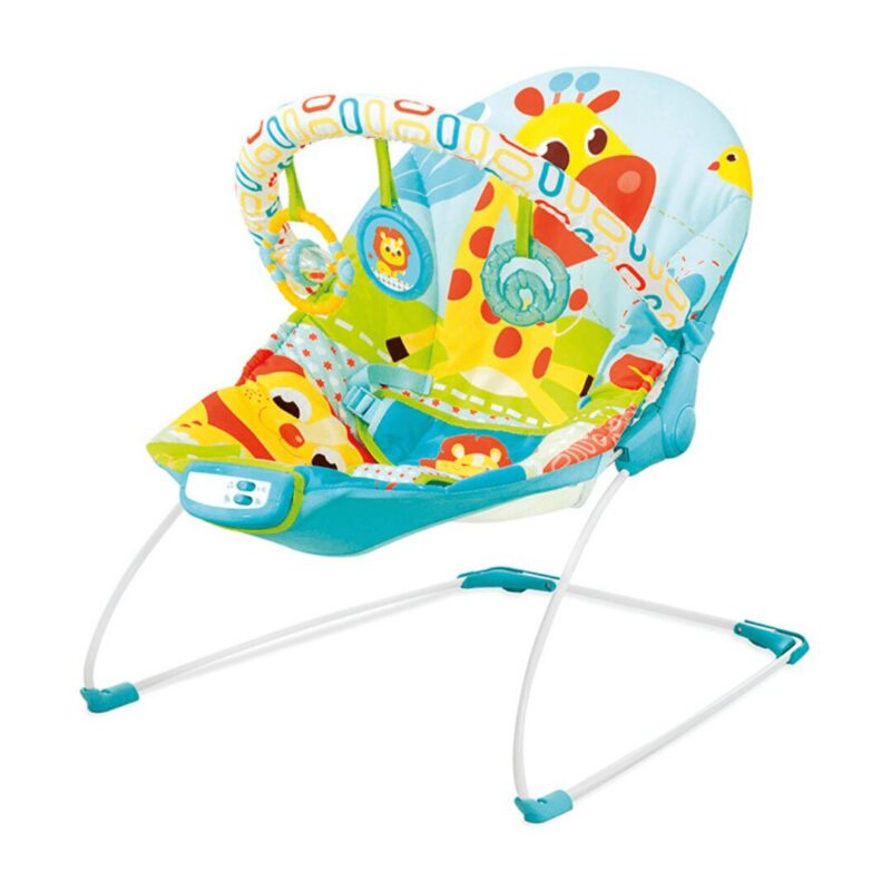 Safari Blue Baby Bouncer with Animal Theme and Hanging Toys