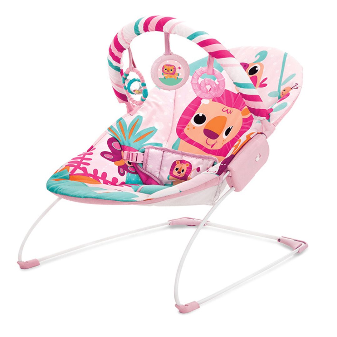 Pink Safari Baby Bouncer with Lion Print and Hanging Toys