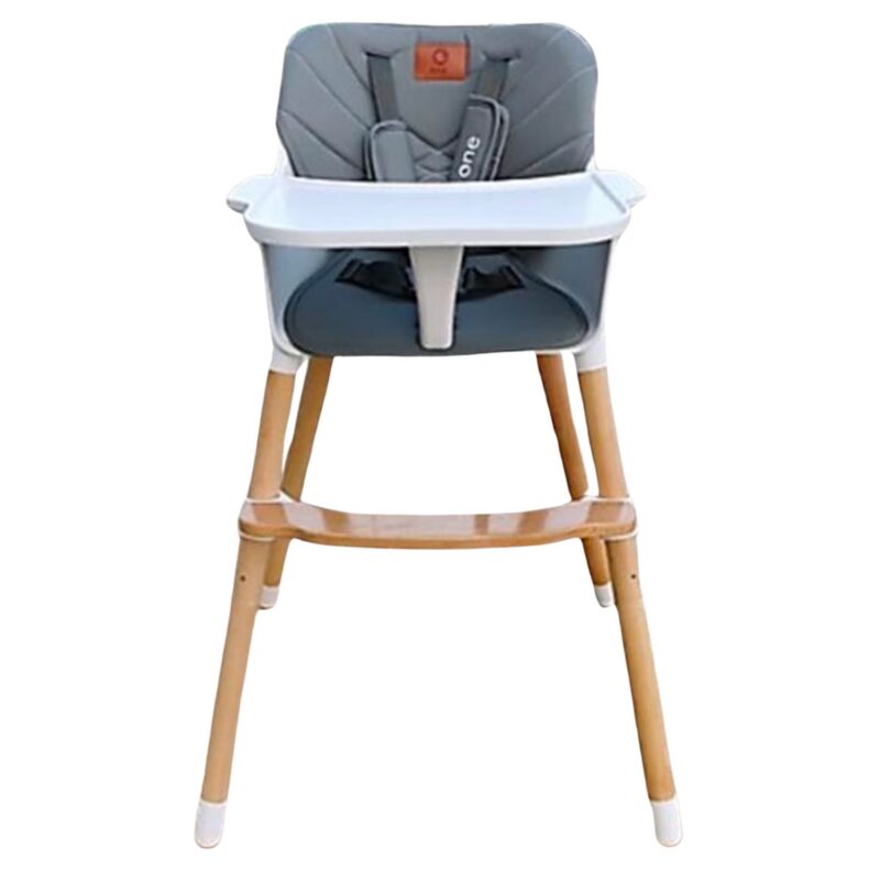 Premium grey feeding chair showing adjustable height levels, booster seat and toddler chair for 36 months and up