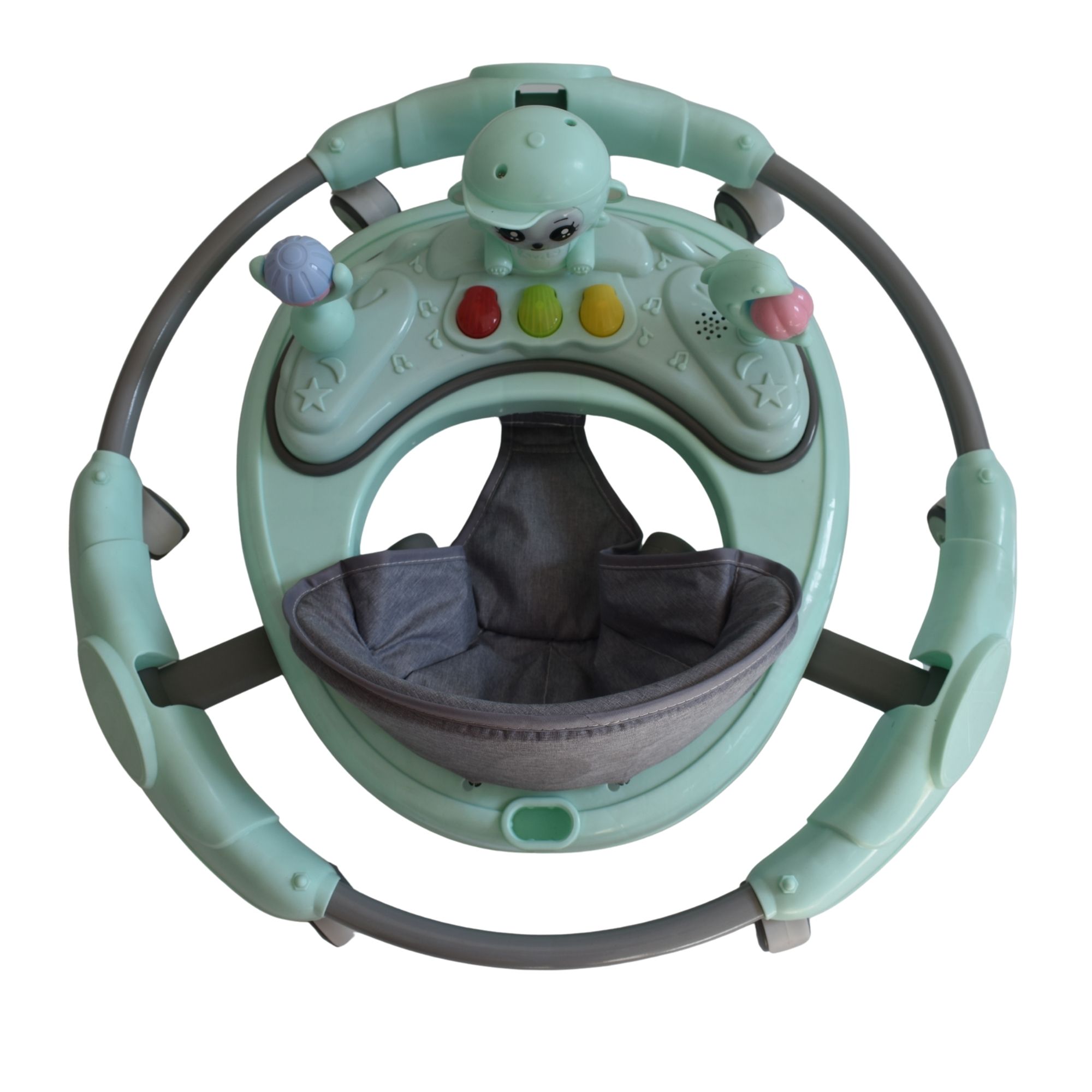 Green animal themed baby walking ring designed to support early walking and play
