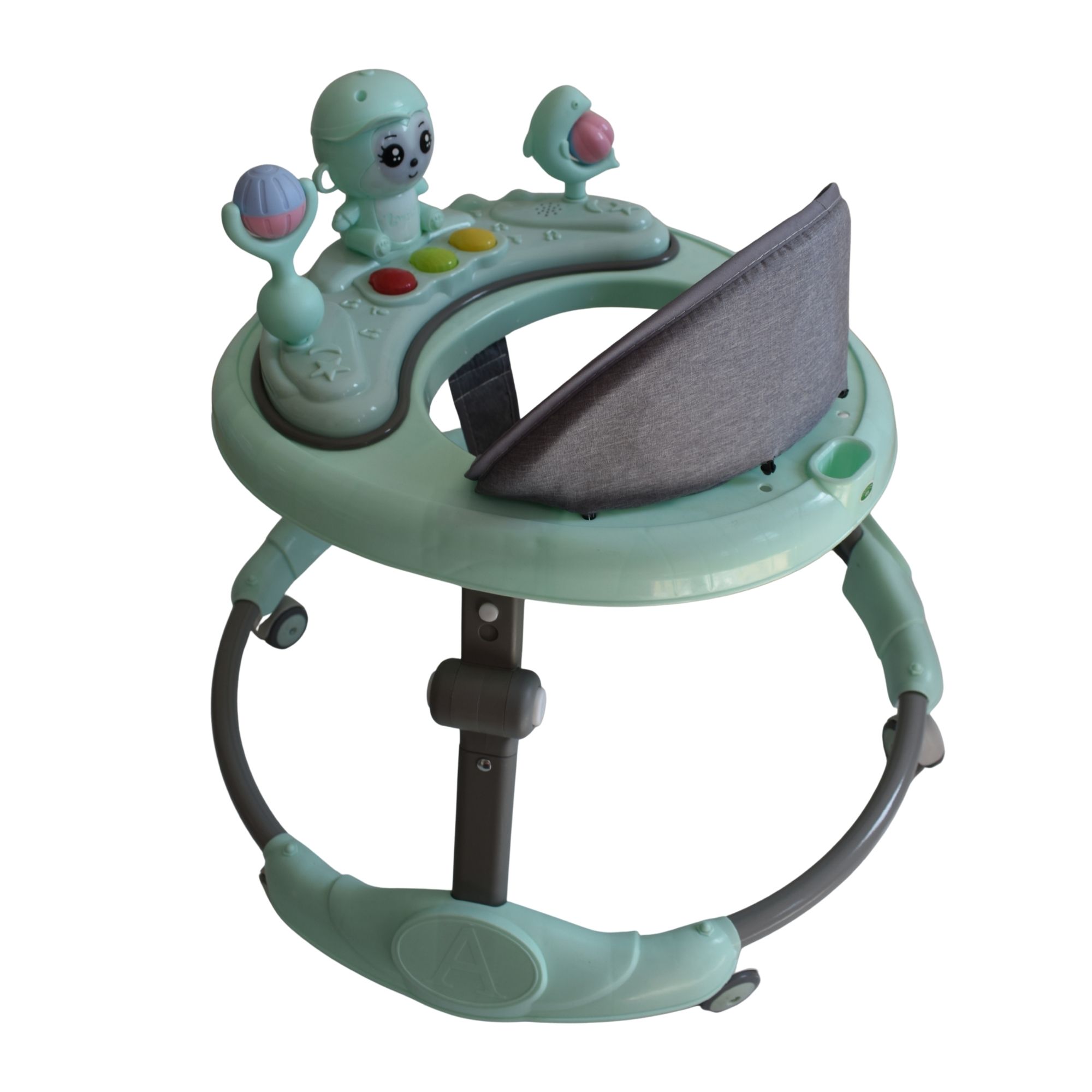 Green animal themed baby walking ring designed to support early walking and play