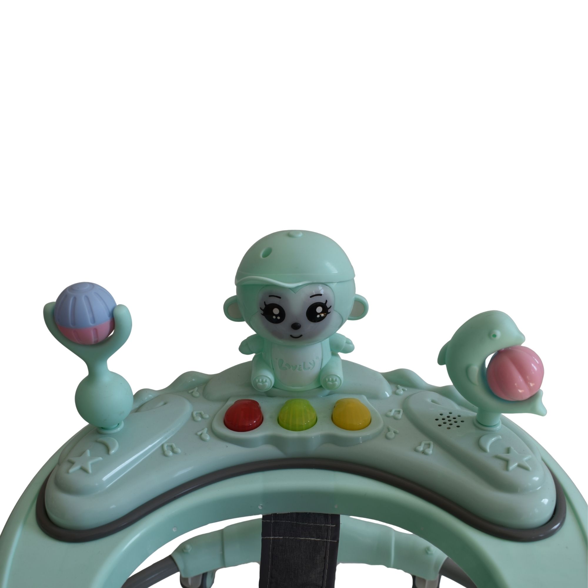 Green animal themed baby walking ring designed to support early walking and play