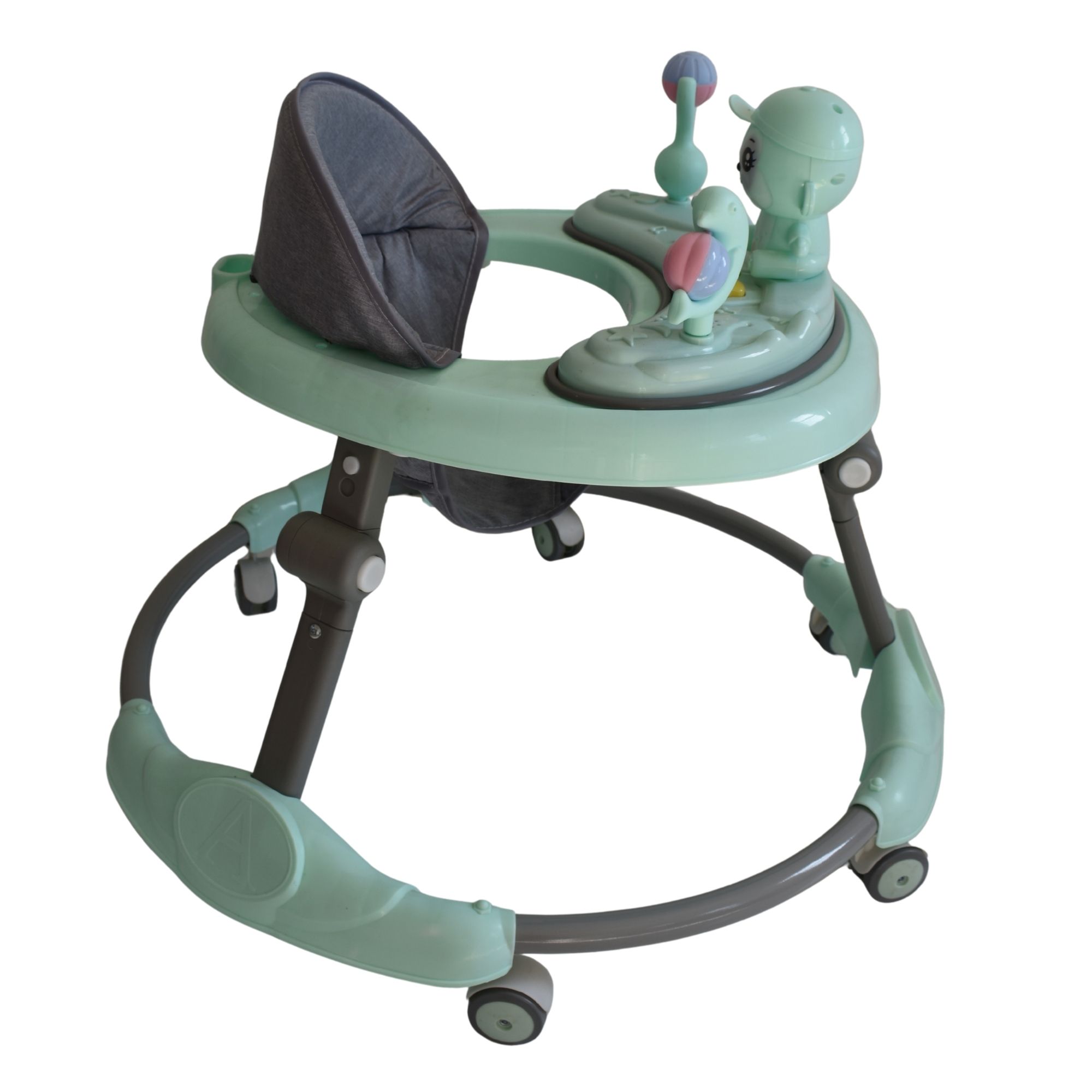 Green animal themed baby walking ring designed to support early walking and play