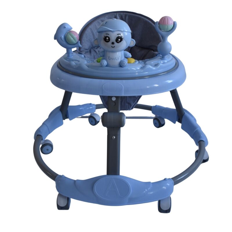 Blue animal themed baby walking ring designed to support early walking and play