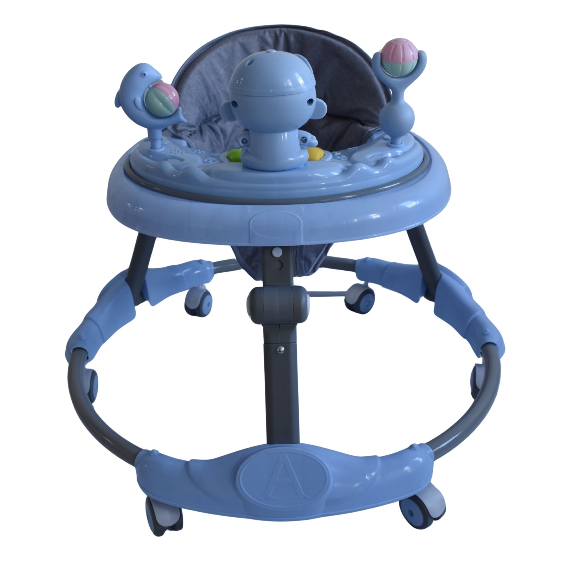 Blue animal themed baby walking ring designed to support early walking and play