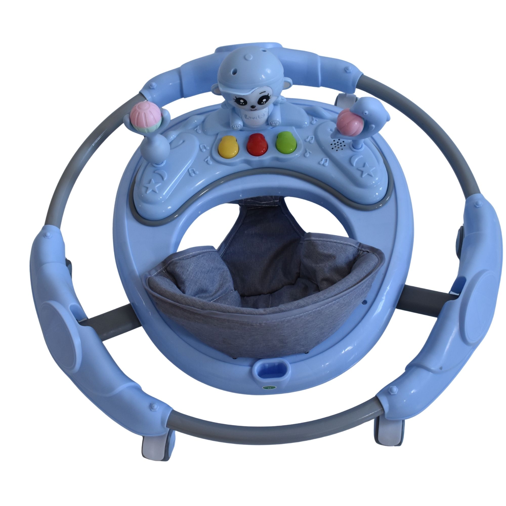 Blue animal themed baby walking ring designed to support early walking and play