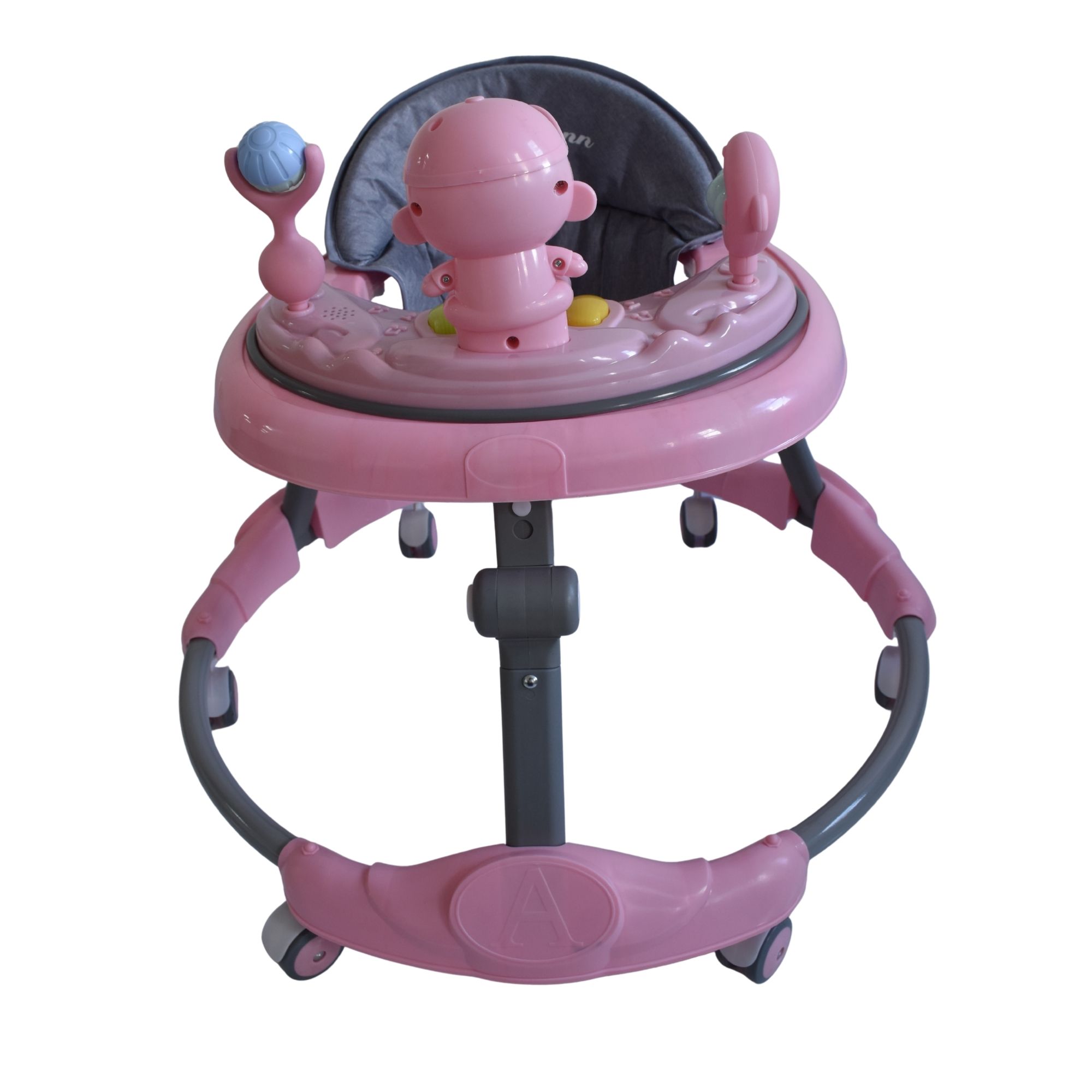 Pink animal themed baby walking ring designed to support early walking and play