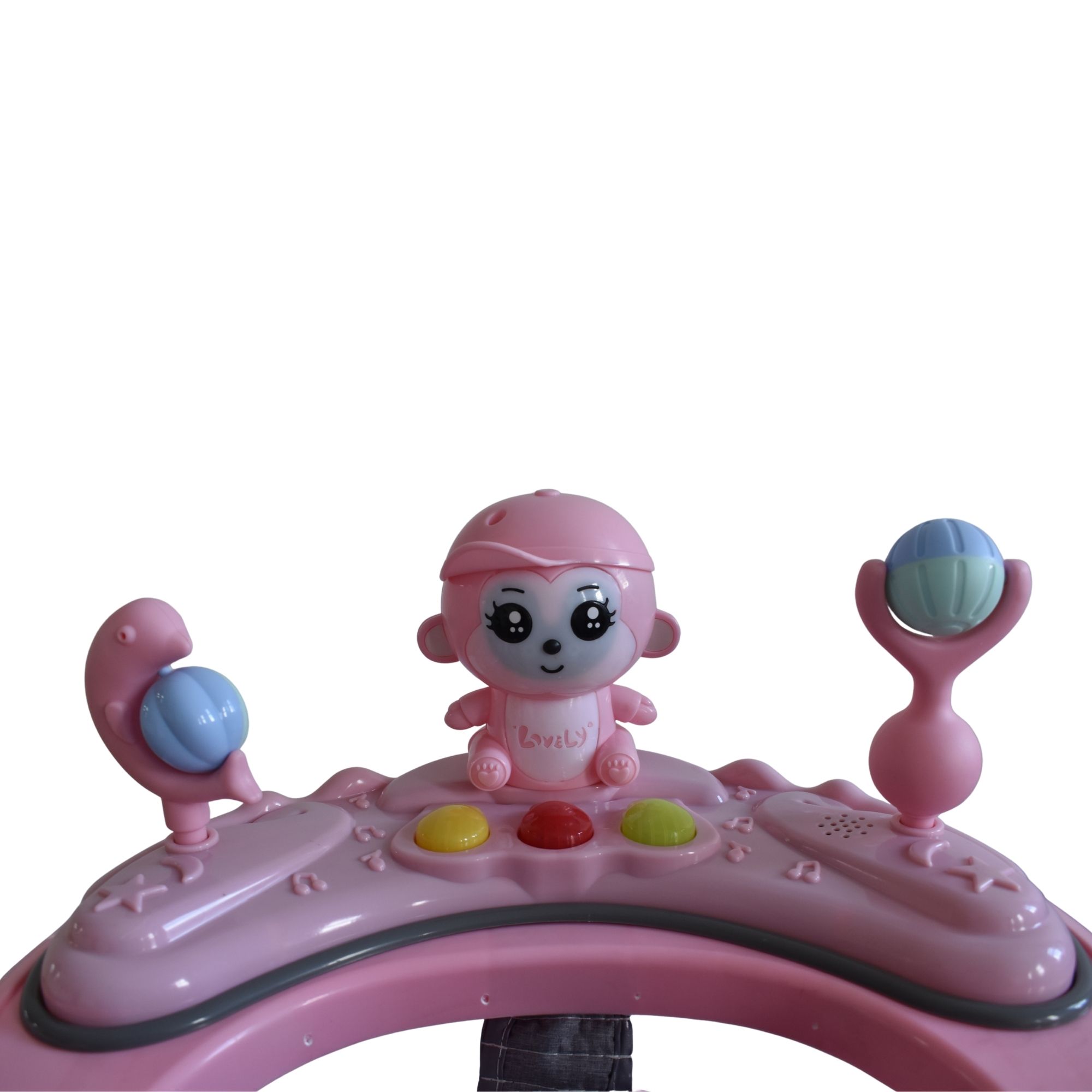 Pink animal themed baby walking ring designed to support early walking and play