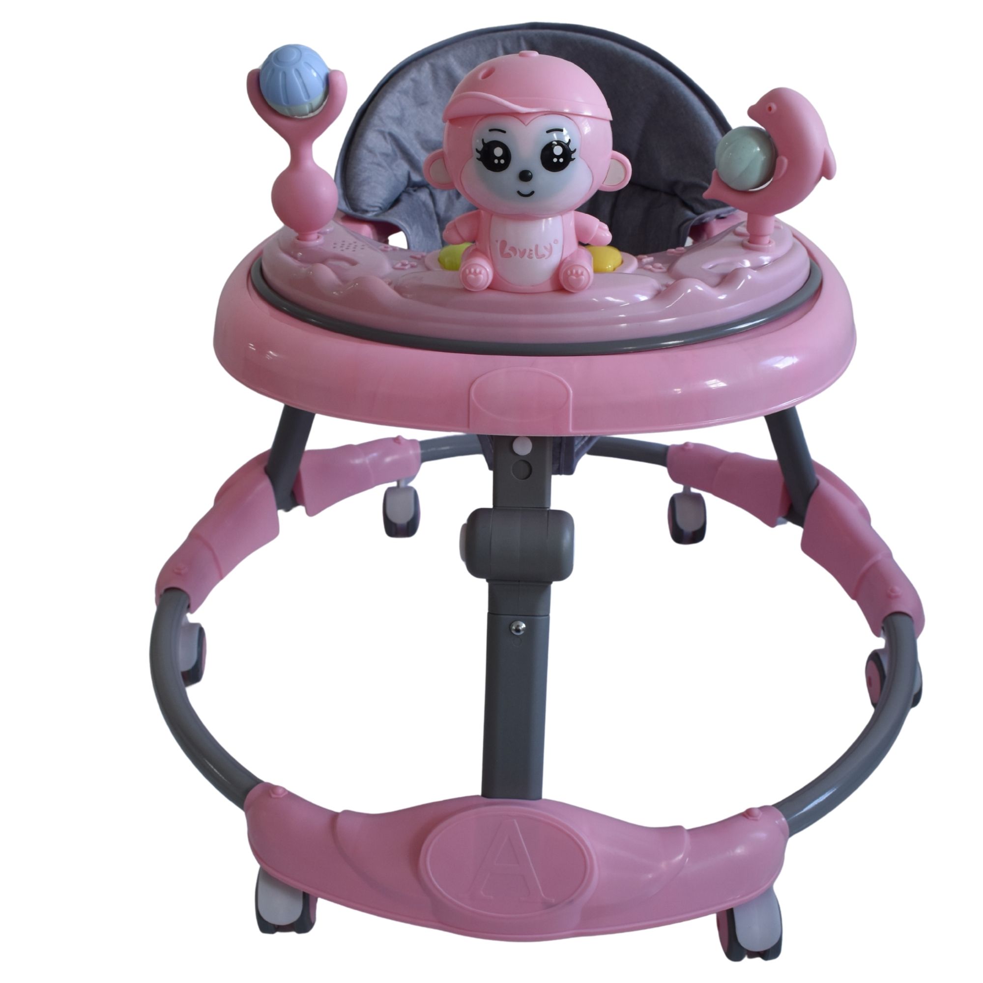 Pink animal themed baby walking ring designed to support early walking and play