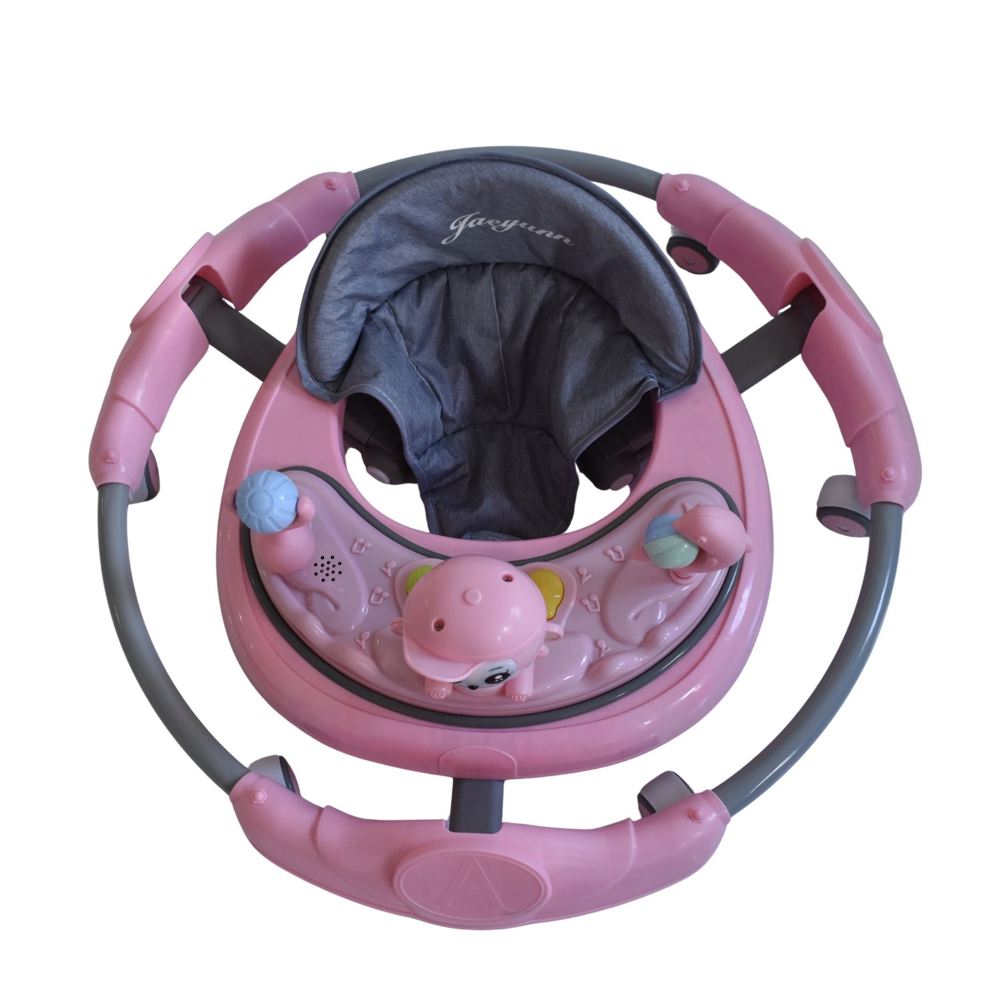 Pink animal themed baby walking ring designed to support early walking and play