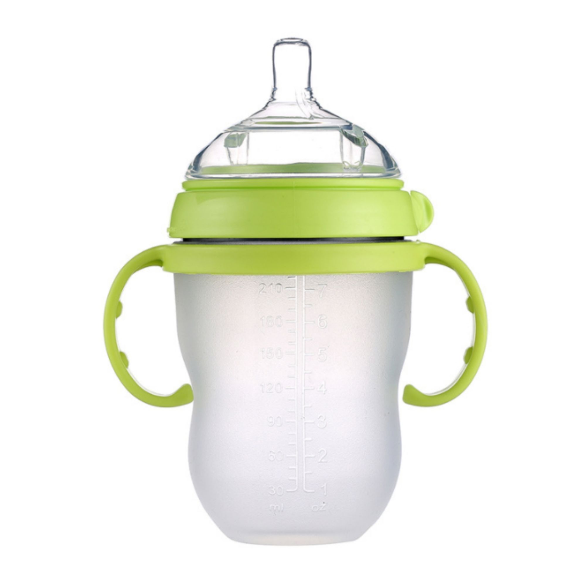 Silicone baby feeding bottle with measurement markings and easy grip handles