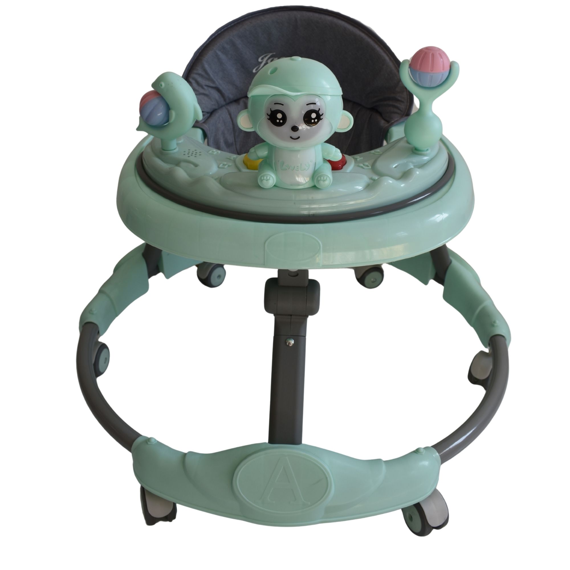 Green animal themed baby walking ring designed to support early walking and play