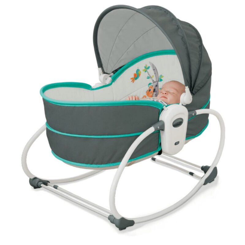Mastela 5-in-1 Bassinet – Aqua Blue and Orange with Canopy and Sleeping Baby